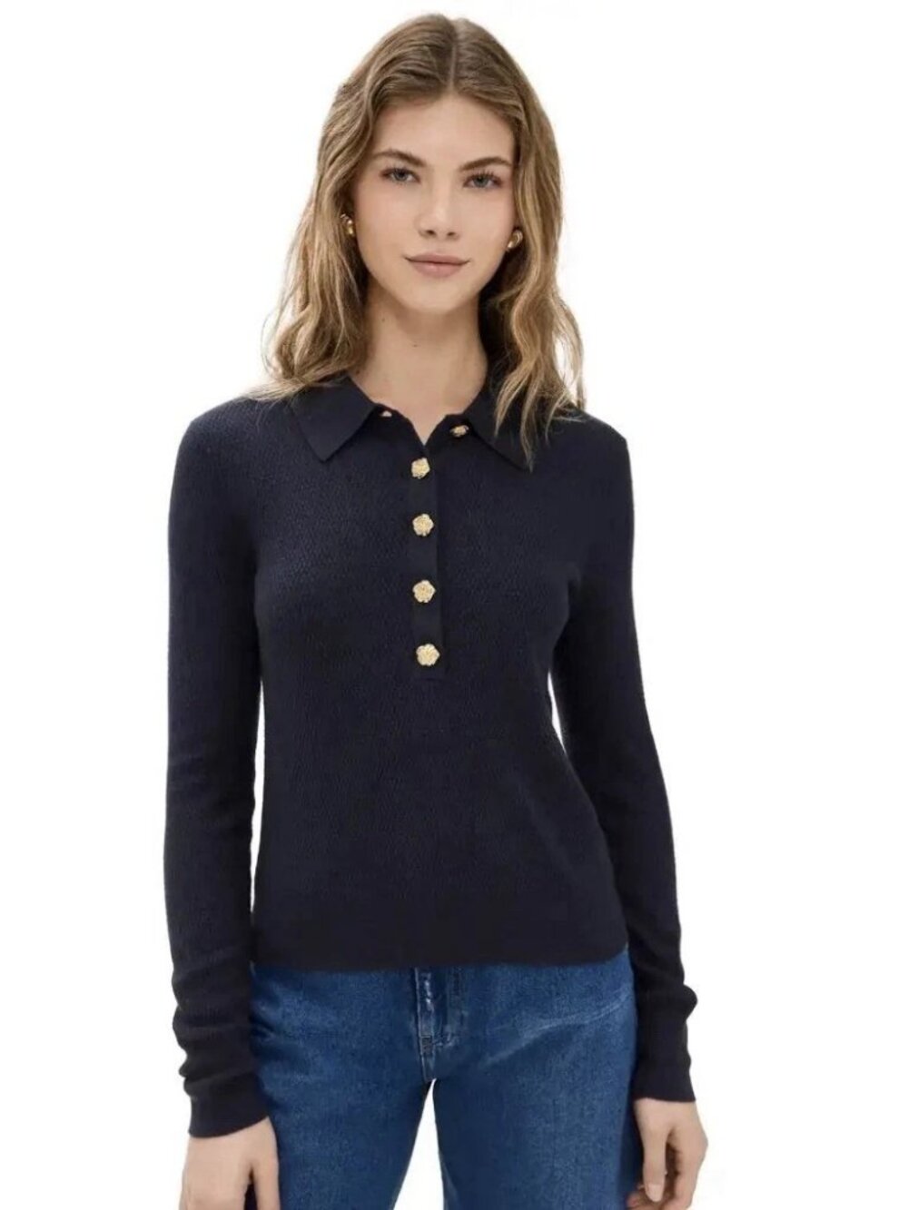 L'AGENCE Sterling Jewel Button Collar Sweater in Midnight/Gold Rose Size Small